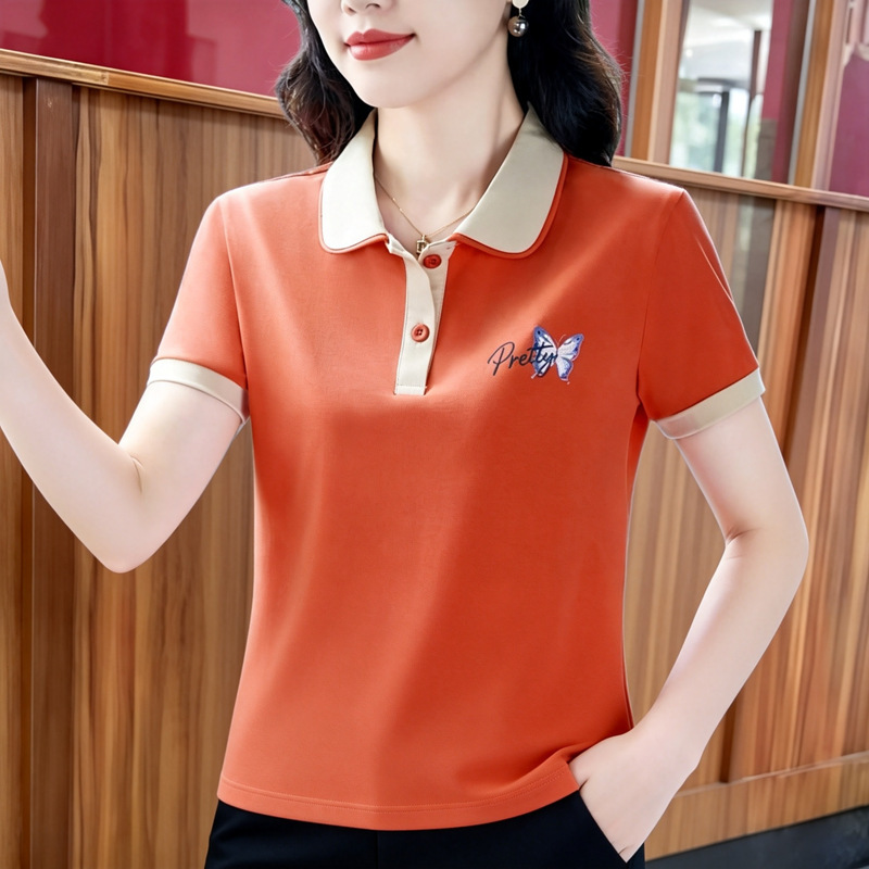 New Style Pure Cotton Women's T-Shirt with Fashionable Polo Collar, Short-Sleeved Summer Wear for Middle-Aged Moms, Stylish and Age-Reducing Top New Style Pure Cotton Women's T-Shirt with Fashionable Polo Collar, Short-Sleeved Summer Wear for Middle-Aged Moms, Stylish and Age-Reducing Top