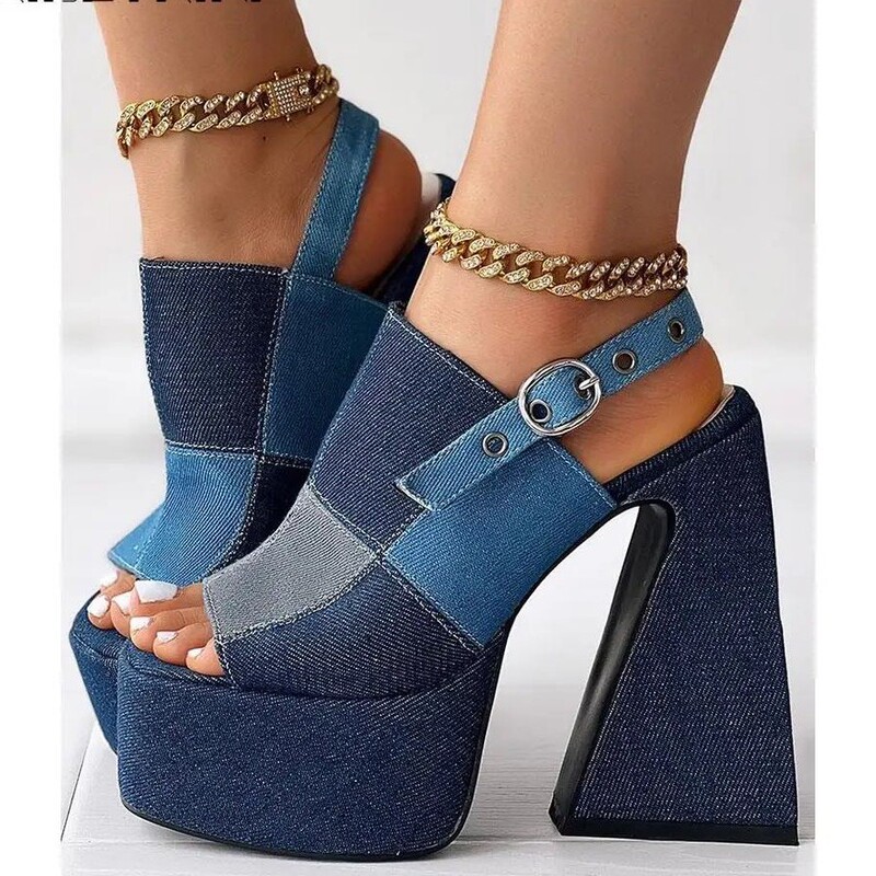 Summer New Cross-border Multicolor Denim Shaped Super High-hating High-heeled Platform Buckle Peep-toe Women's Sandals Summer New Cross-border Multicolor Denim Shaped Super High-hating High-heeled Platform Buckle Peep-toe Women's Sandals