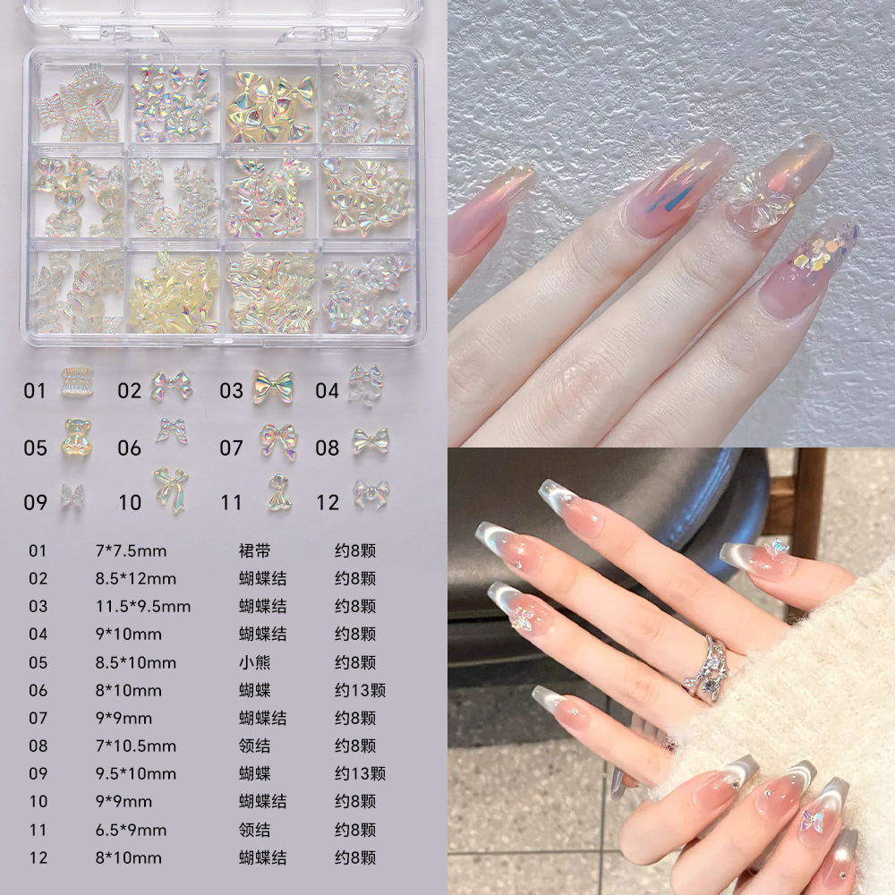 12 piezas de joyería de diamantes de manicura plana de fondo plano intermitente checo de diamantes de formas especiales joyería de mariposa de lentejuelas de uñas de perlas de todo fósforo