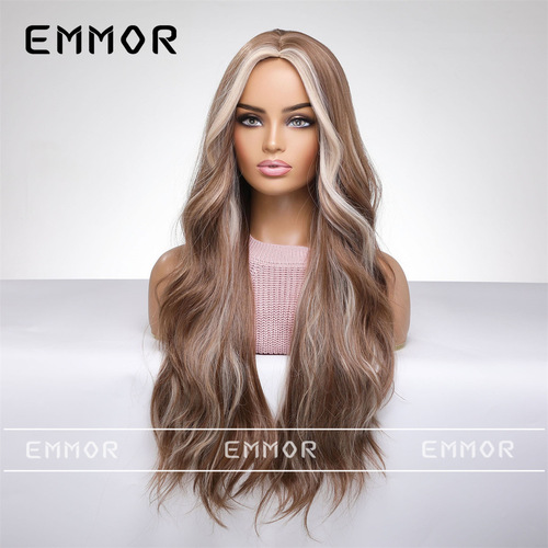 European and American medium-parted long curly wig for women, hair hanging ear highlights, fluffy big waves, mixed brown hair color, full headband style