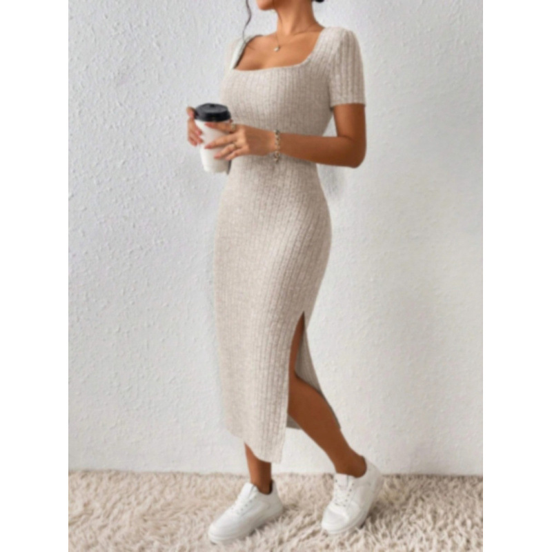 Women's Square Neck Slim Fit Bodycon Dress Sexy Slit European American Style Soft Summer Fashion Dress_ecoleips.com