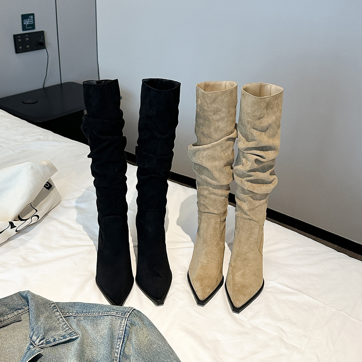 9800-1 Botas de pila de punta de red, botas de rodilla, botas de invierno, botas de tacones delgados, botas de mujer