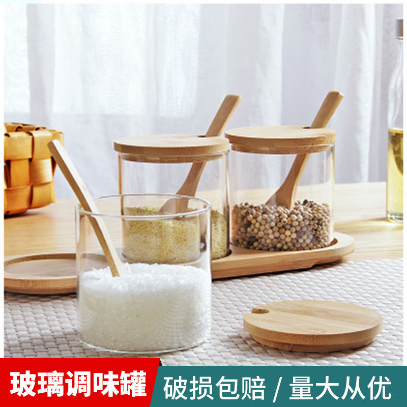 Cocina vidrio condimento tarro condimento caja vidrio tres piezas traje condimento botella combinación aceite y sal tarro