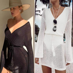 European and American New Sexy V-neck Knitwear Sunscreen Beach Dress Seaside Holiday Bikini Coat Swimsuit Blouse Women