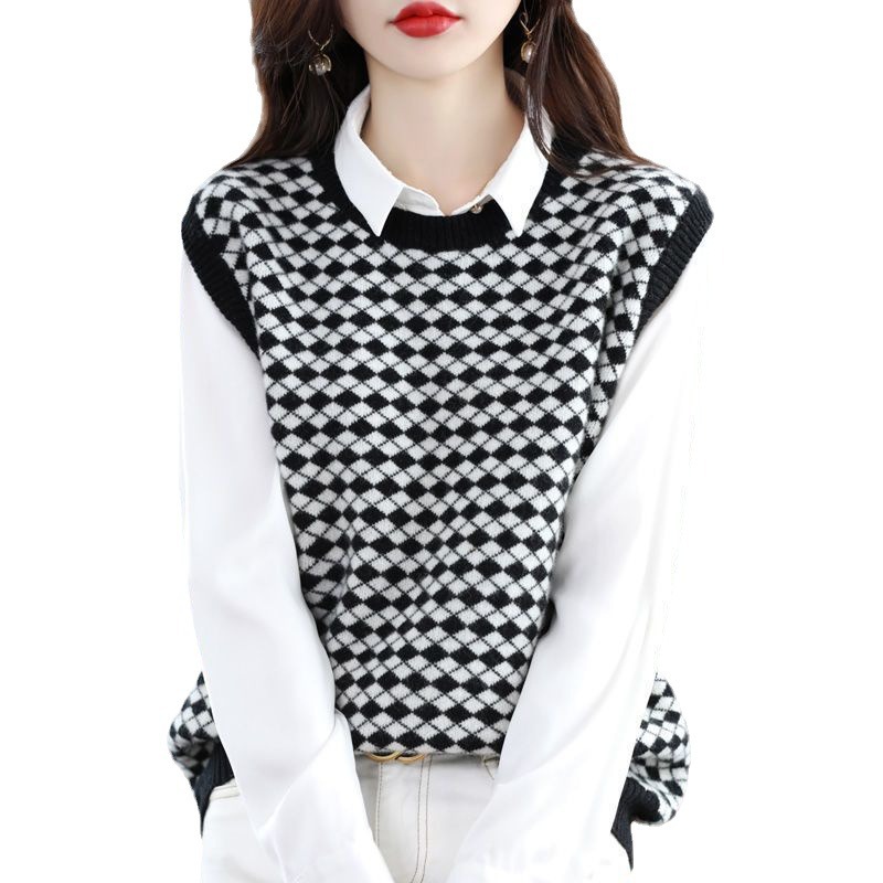 【 Obitelj kašmira】 Pleteni prsluk od vune s uzorkom šahovske ploče bez rukava, pulover, svestrani prsluk, top bez rukava_voghion.com