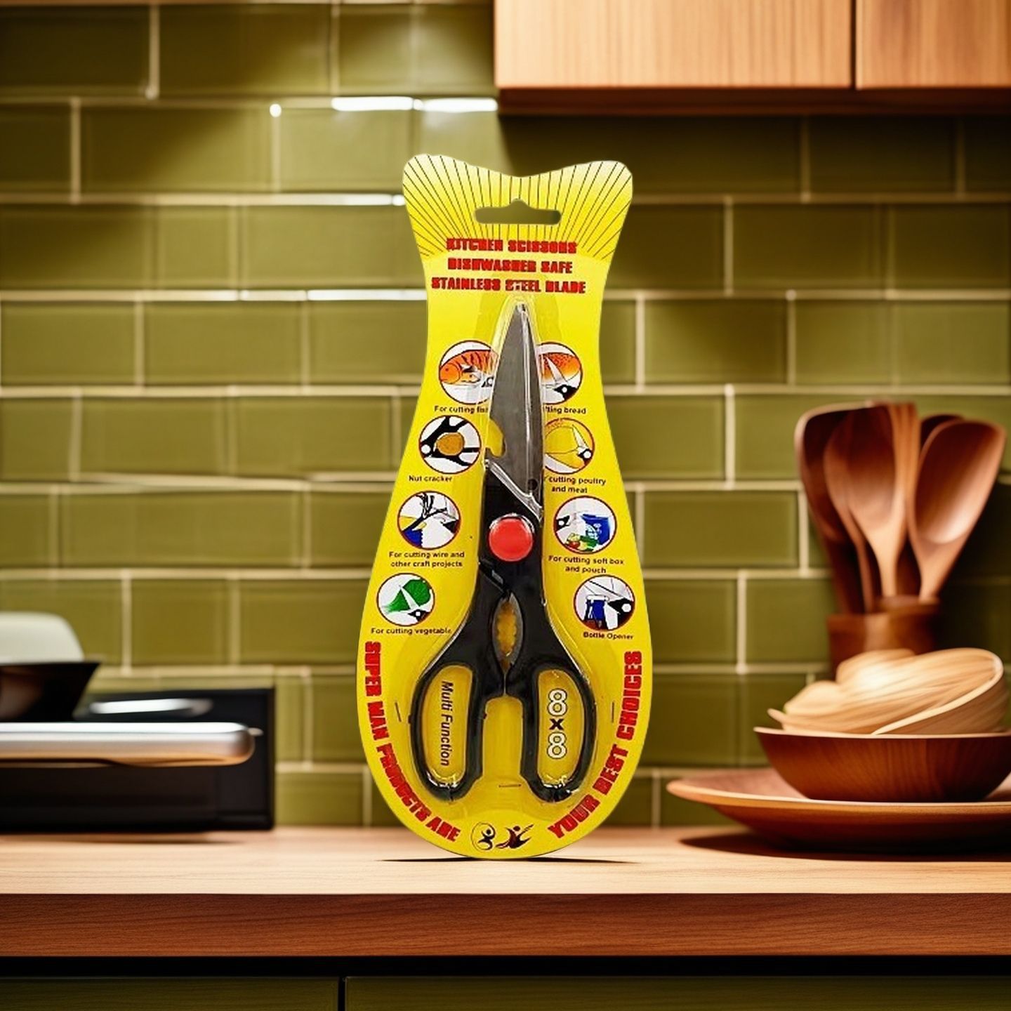 卡装多功能鱼型剪刀带开瓶器核桃夹鱼鳞刨厨房家用剪刀批发