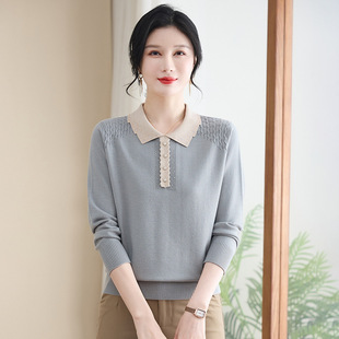 Western-style lapel mother spring sweater top 2025 new middle-aged and elderly relaxed-fit casual sweater