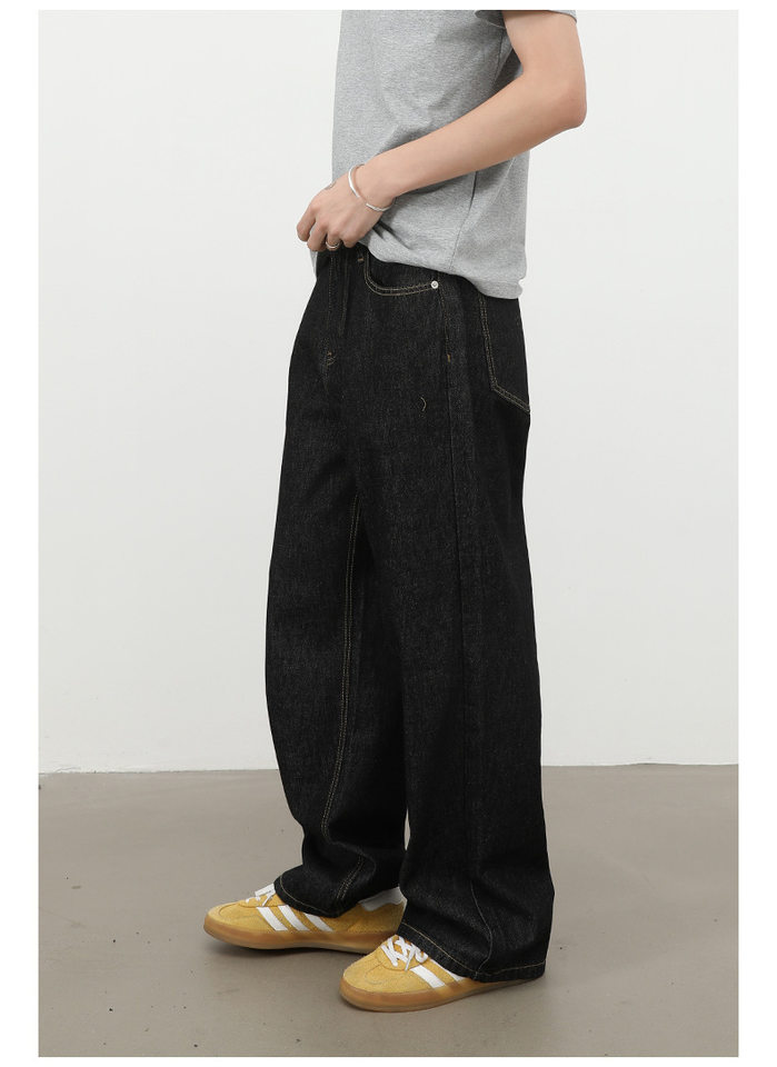 Quần jean nam ống rộng lưng giữa form suông thoải mái phong cách cơ bản — Denim đen, màu xanh denim chi tiết 9