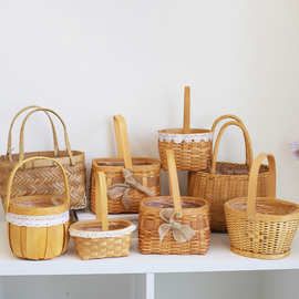 田园风木片手工花篮水果零食面包野餐竹编手提篮花束插花花篮批发