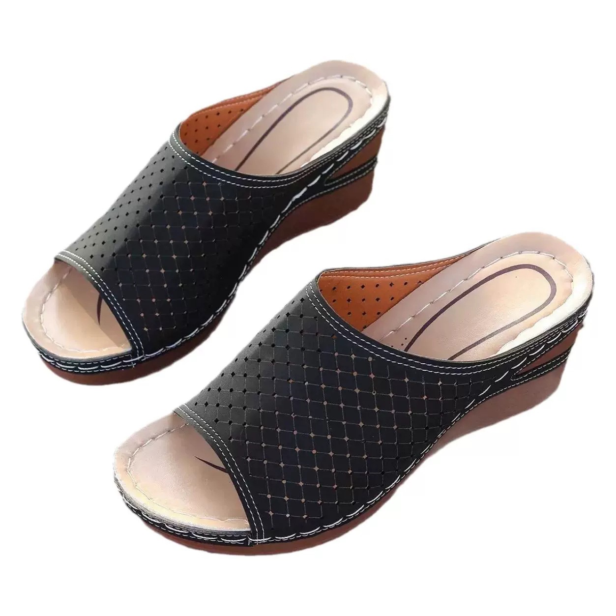 Plus Size Wedge Sandals Summer New Fish Mouth Laser Hollow Women's Shoes Outdoor Wear Cross-Border Slippers Women_vogvips.com