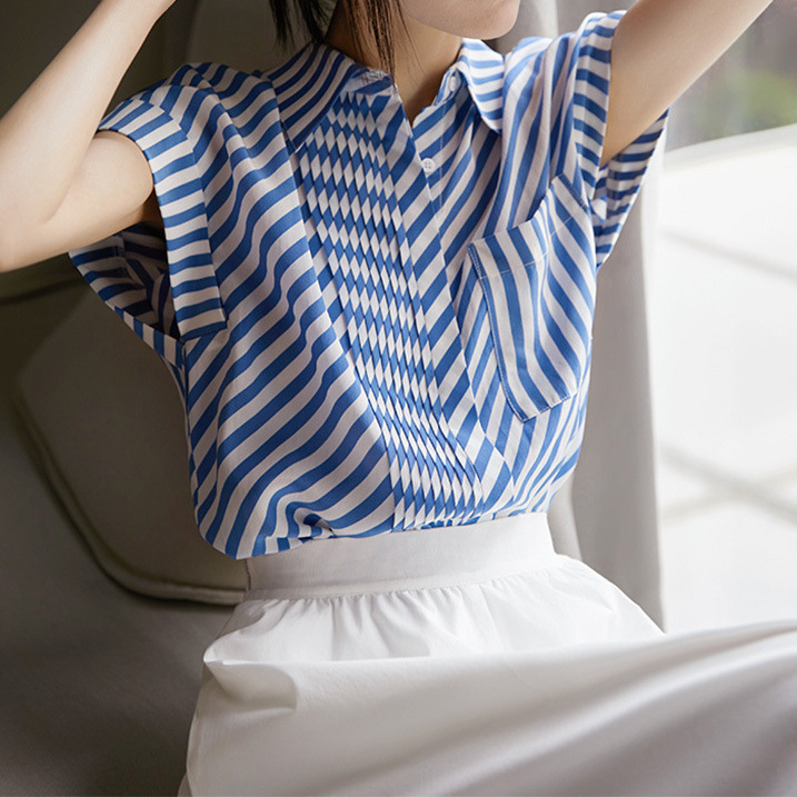 Goddess-Style High-End Silk Shirt, Women's Striped Shirt, 2026 Women's Clothing, New Summer Short-Sleeve Top Goddess-Style High-End Silk Shirt, Women's Striped Shirt, 2026 Women's Clothing, New Summer Short-Sleeve Top