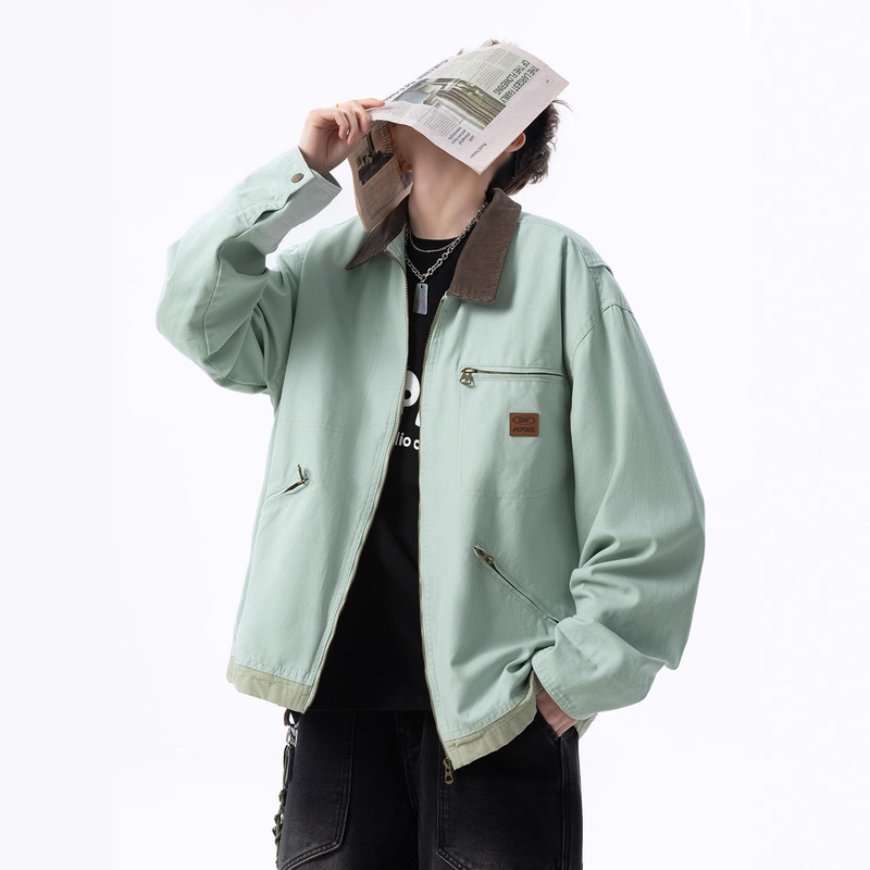 Mint Green Detroit Jacket Men's and Women's Autumn Loose Contrast Color Casual Couple Cargo Jacket Couple Lapel Top