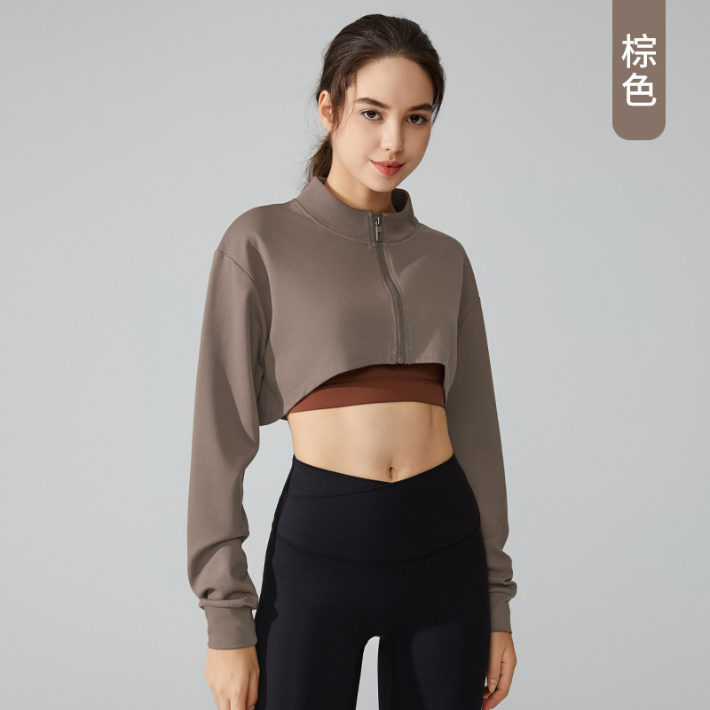 Nueva solapa americana recortada suéter de las mujeres cremallera cardigan abrigo corto tenis manga larga deportes top