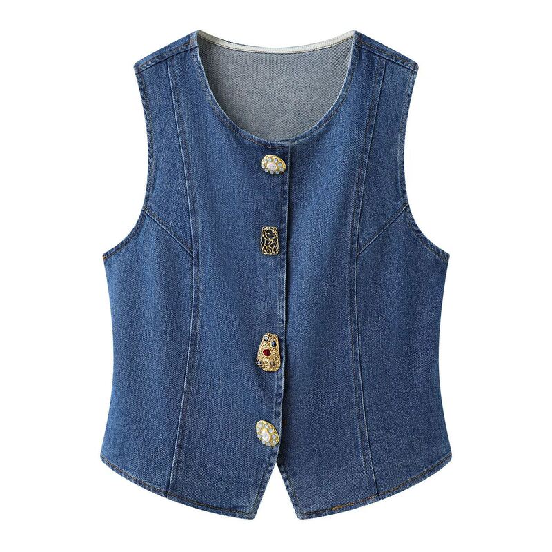 2026 Short Vest Top for Women, New Summer Style, Retro Charm, Metal Buckle Decoration, Washed Sleeveless Denim Shirt
