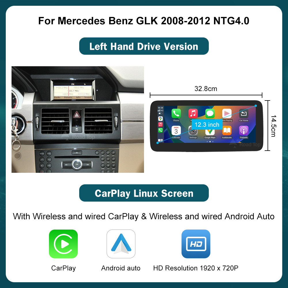 RoadTop Wireless CarPlay Screen For Mercedes-Benz GLK 2008-2012 NTG4.0 Display