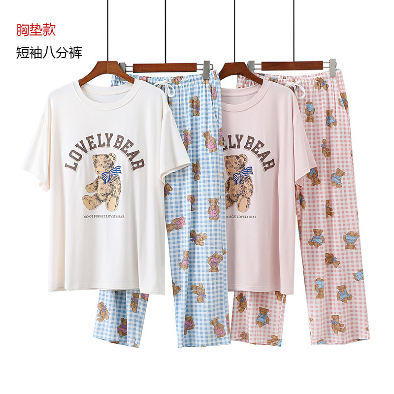 Chest Pad Pajamas Women's Summer Modal Thin Short-sleeved Cropped Pants Cartoon Bear Print Plaid Home Clothes