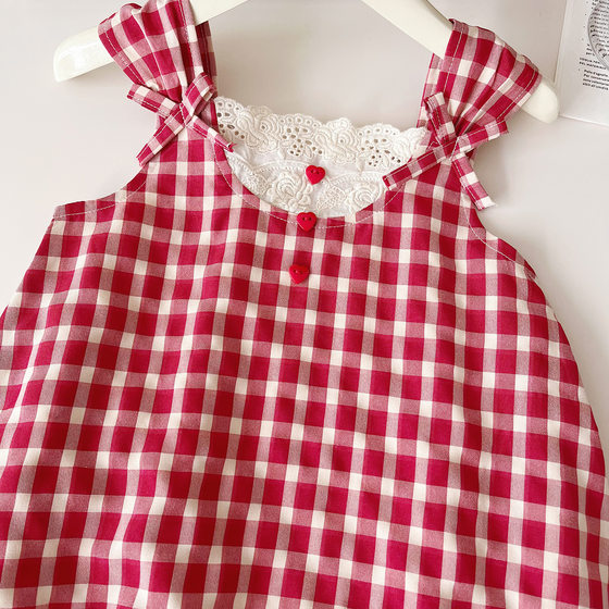 2024 Summer New Korean Style Girl's Plaid Lace Slip Skirt Girl's Cute Beautiful Children's Skirt 24377