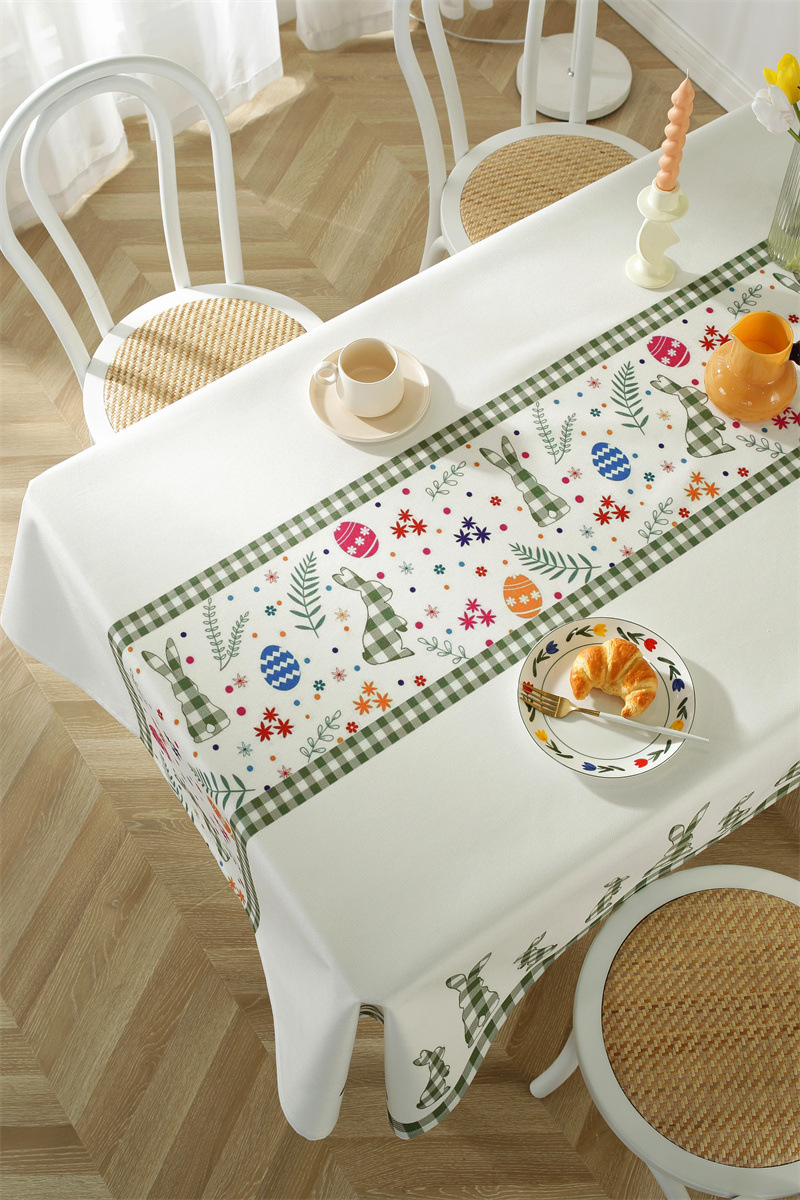 Tovaglia da caffè impermeabile in poliestere con stampa a quadri pasquali, coniglietti e fiori primaverili. Copertura per tavolo da pranzo_voghion.com