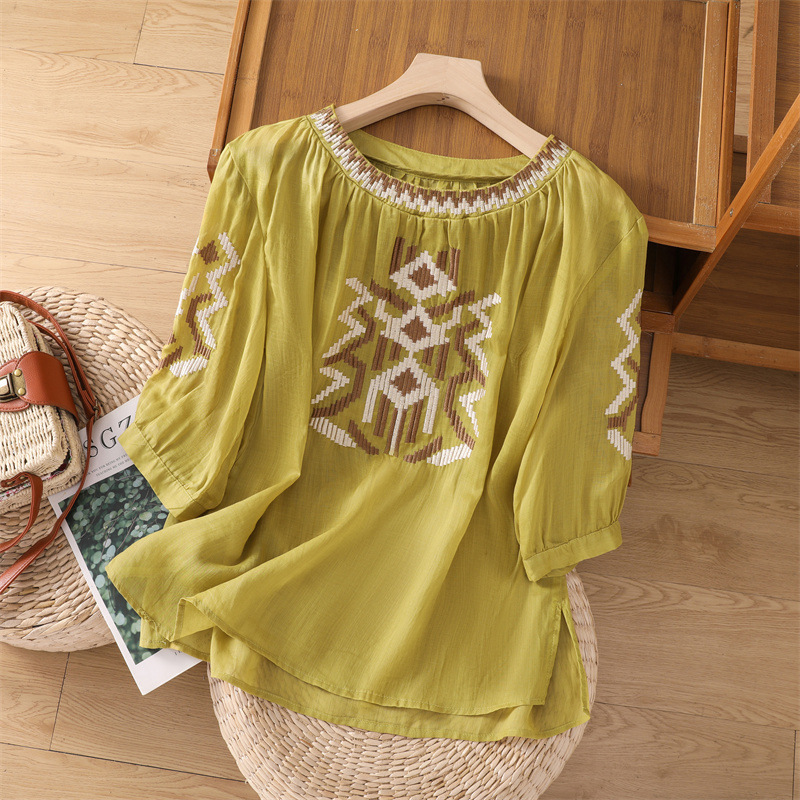277 # Heavy Embroidery Cotton and Linen Three-Quarter Sleeve Shirt for Women in Summer, Loose and Slim Round Neck Pullover Linen Style Top