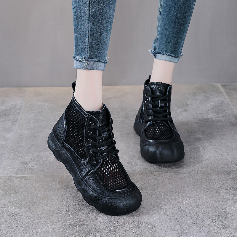 Boot nữ cổ thấp da bò lưới phối đế dày phong cách cổ điển — màu nâu