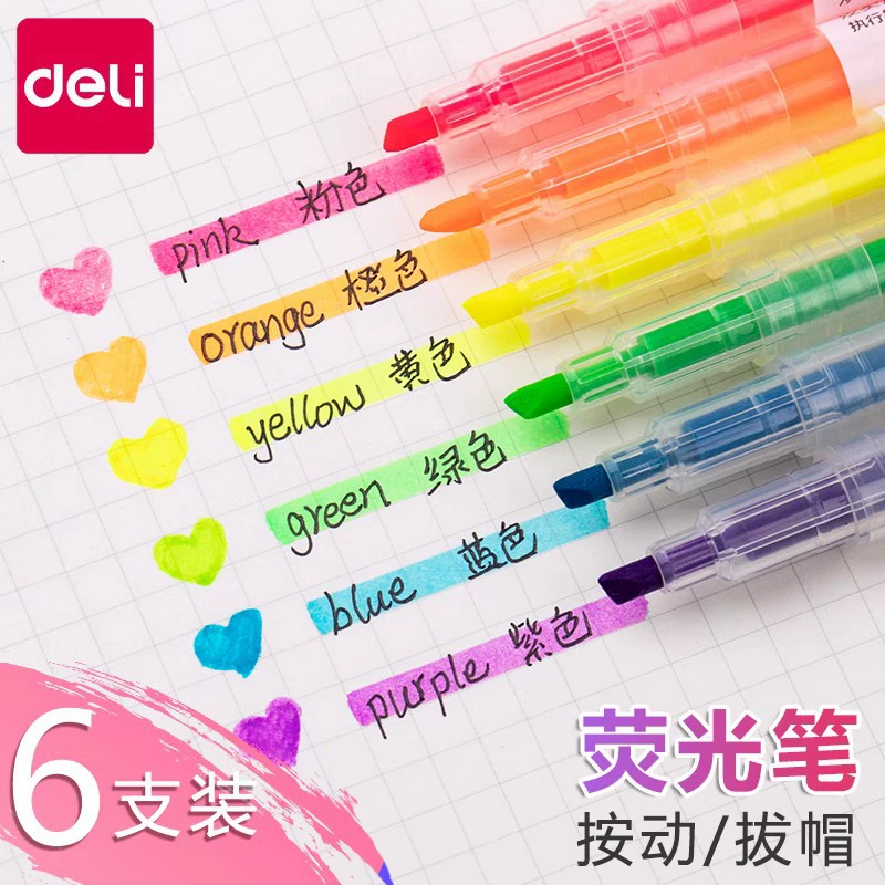 Маркер Deli 6-цветный мягкий цветной флуоресцентный маркер Светлый цветной маркер Студенты рисовать ключевые точки с помощью наклонной головки карамельного цвета