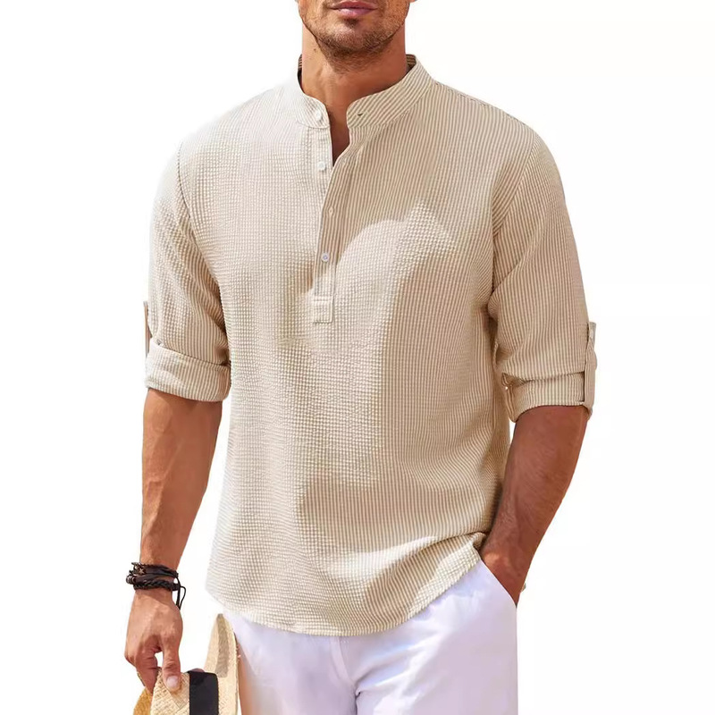 Men's long sleeve shirt stand collar half button shirt pineapple check shirt men's casual shirt jacket Men's long sleeve shirt stand collar half button shirt pineapple check shirt men's casual shirt jacket