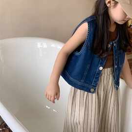 女童洋气穿搭韩版童装女宝宝条纹阔腿裤儿童色背心女孩牛仔马甲