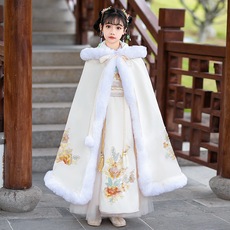 Girls' Hanfu Winter Collection Ancient Style Children's Costume Thick New Year Tang Suit 2024 Chinese Style New Year Greeting Dress Winter