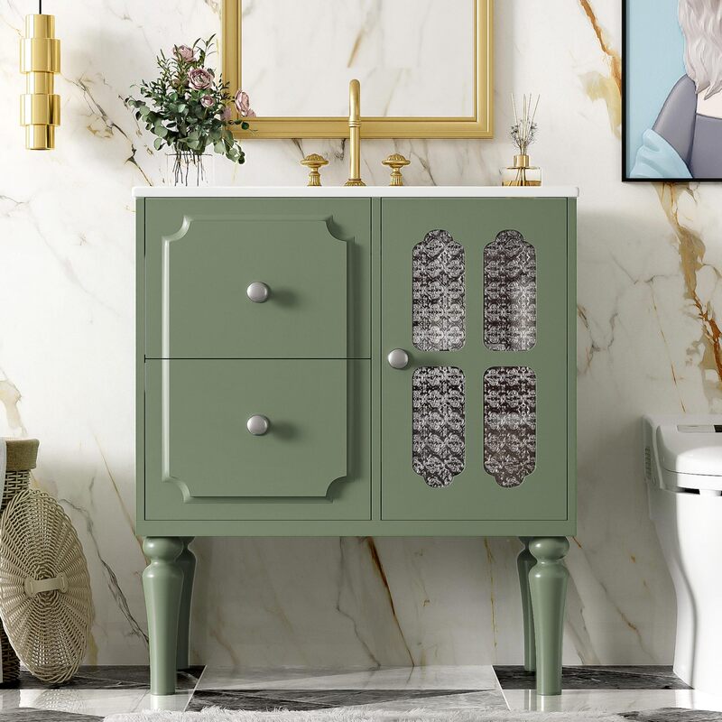 Bathroom under sink freestanding floor cabinet green round silver handle tilting drawer glass door bathroom Bathroom under sink freestanding floor cabinet green round silver handle tilting drawer glass door bathroom