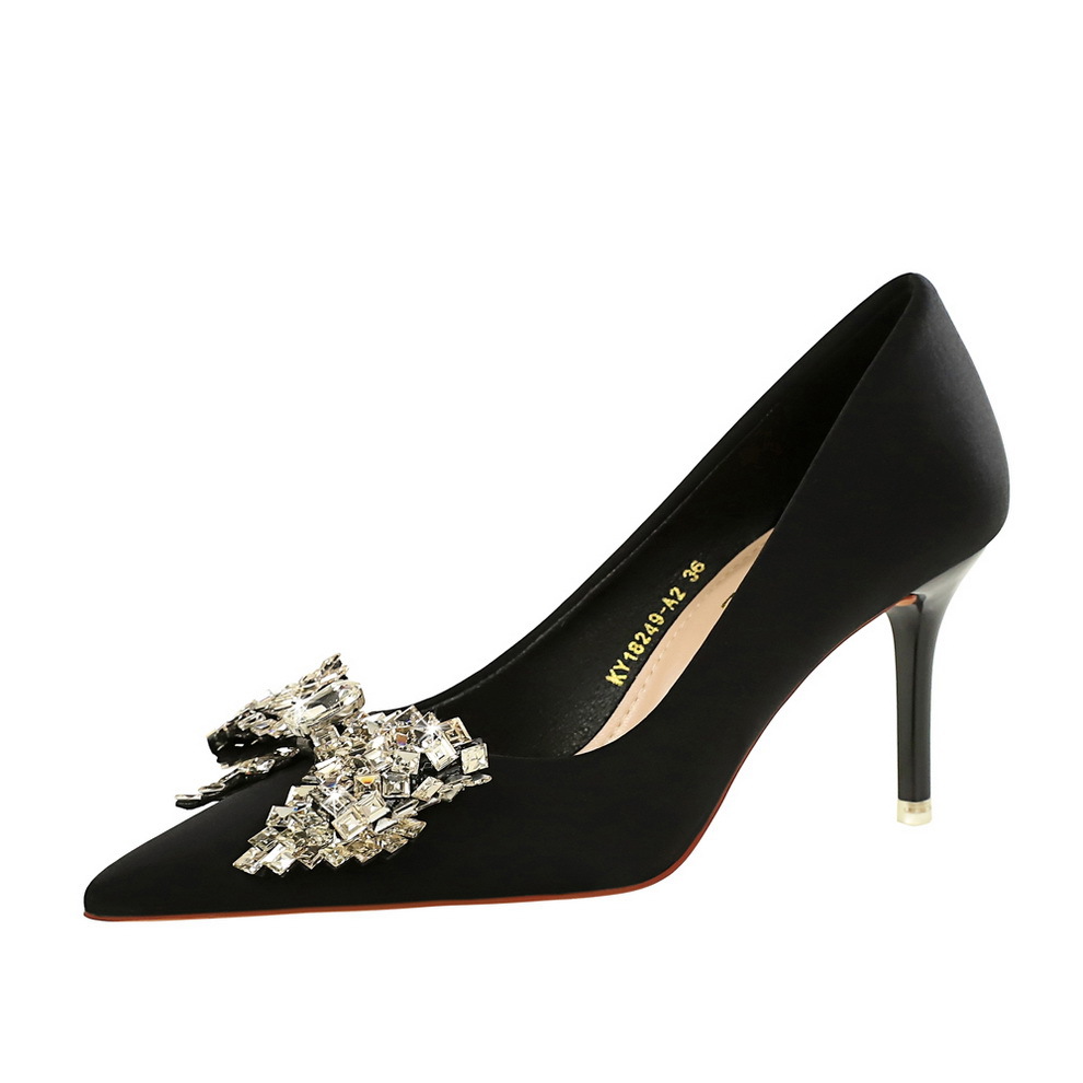 18249-AH163 European and American style banquet high-heeled shoes with rhinestones, bow ties, thin heels, women's shoes, satin pointed single shoes, women's shoes