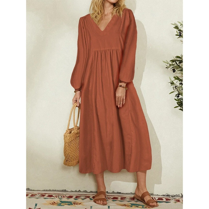 Women's Casual Cotton Linen Dress Loose Oversized Lantern Sleeves Vintage European American Daily Wear_ecoleips.com