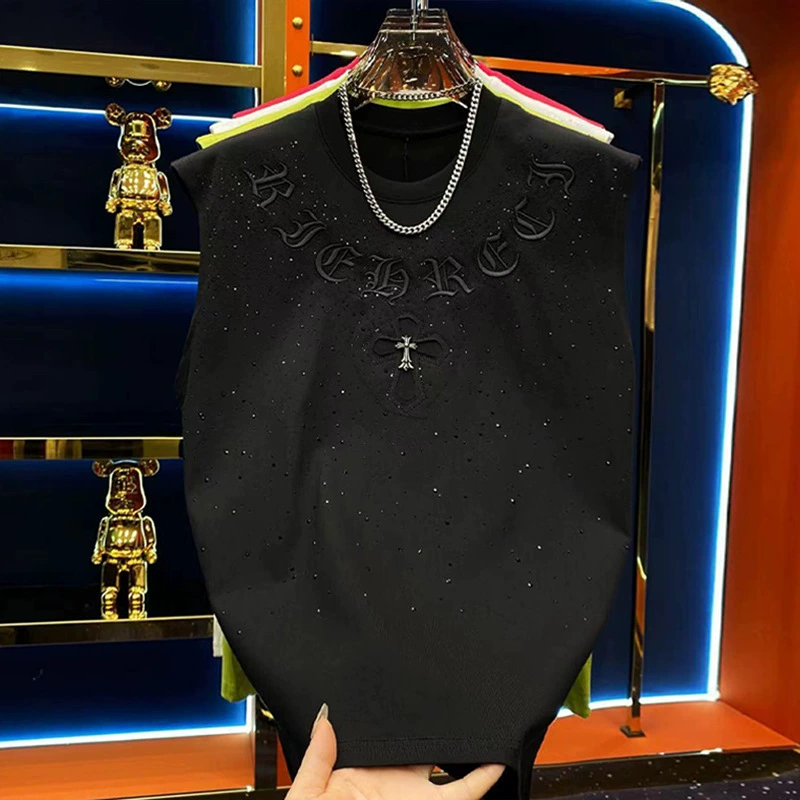 Модная брендовая мужская футболка с короткими рукавами, новинка 2025 года, горячий алмазный жилет с круглым вырезом, свободный повседневный жилет без рукавов, мужская футболка с короткими рукавами