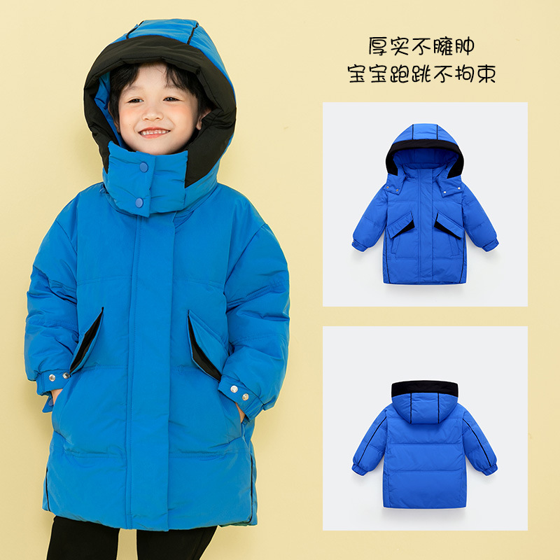 Chubby elefante invierno niños y niñas ropa infantil chaqueta infantil mediana y grande para niños color a juego con capucha cálido pato blanco abajo abrigo largo