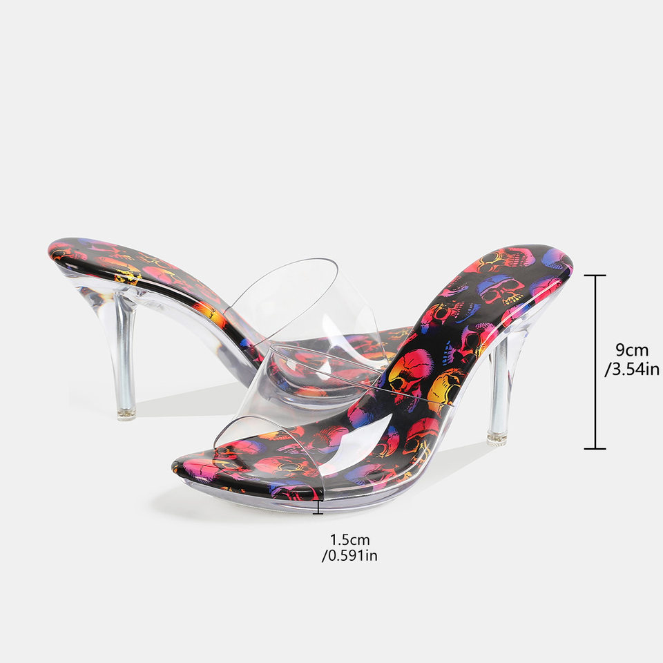 Giày sandal nữ quai ngang gót nhọn siêu cao lộ ngón chân, đế trong suốt pha lê nhiều màu, form rộng — trắng, đen chi tiết 2