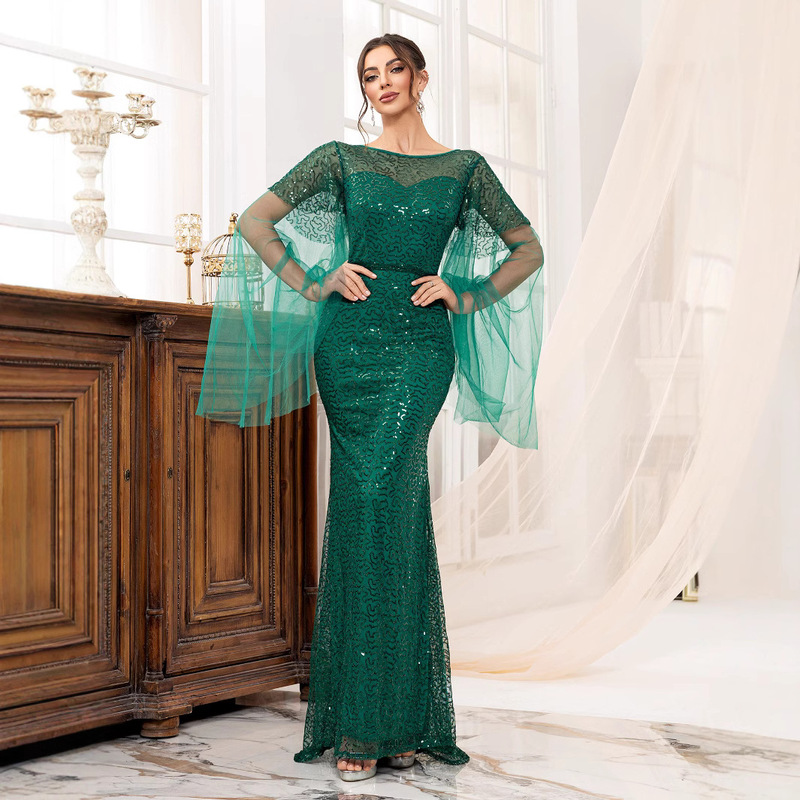 Cross-border Trade Europe and America Backless Green Women's Long-sleeved Boat Collar Banquet Sequin Fishtail Long Evening Dress dress