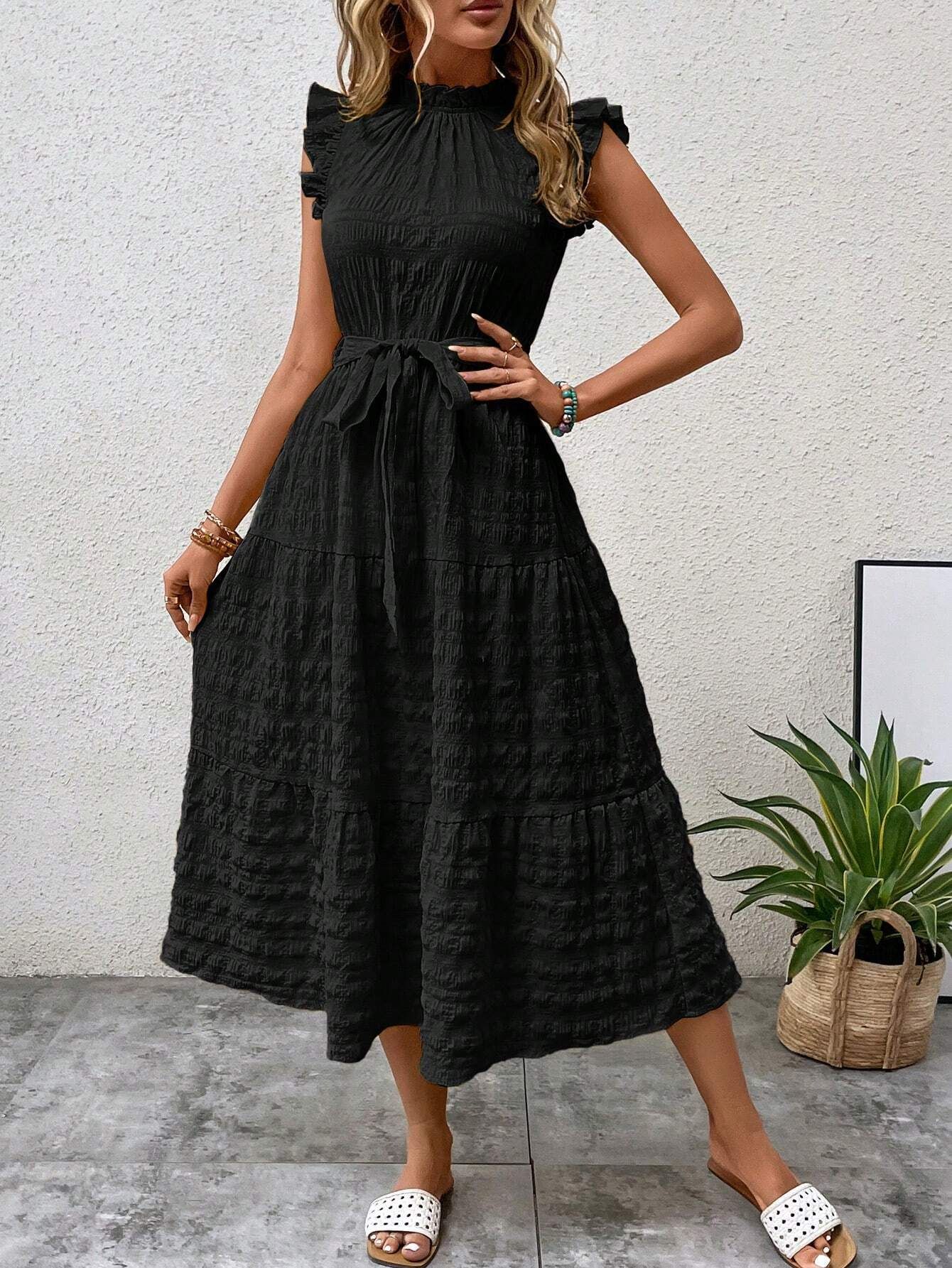 Women's Regular Dress Streetwear Scalloped Neckline Lettuce Trim Sleeveless Solid Color Midi Dress Daily display picture 11