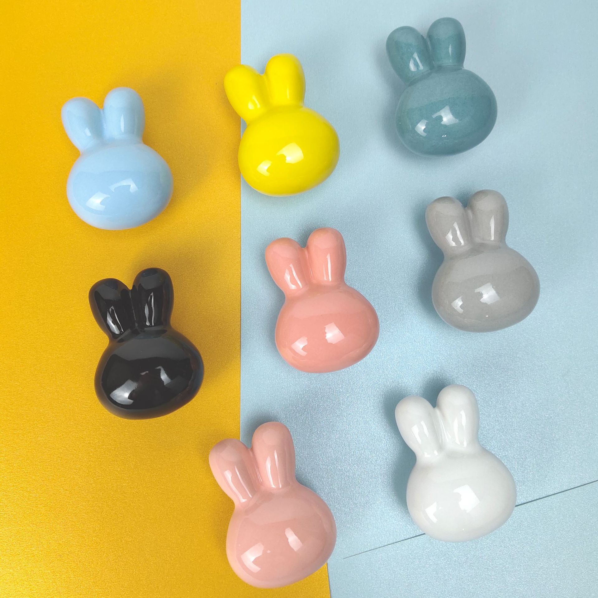 Wholesale little rabbit ceramic handle cute cupboard wardrobe door handle children's solid wood drawer handle single hole no punching