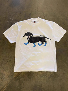 250 grams of heavy pure cotton!American oversize blue shoes dog print couple loose short-sleeved T-shirt men