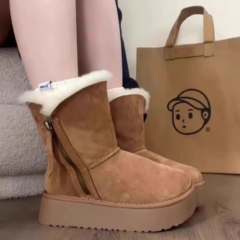 Botas de algodón gruesas del noreste de la nueva piel cálida en un tubo corto botas de nieve gruesas con cremallera lateral femenina
