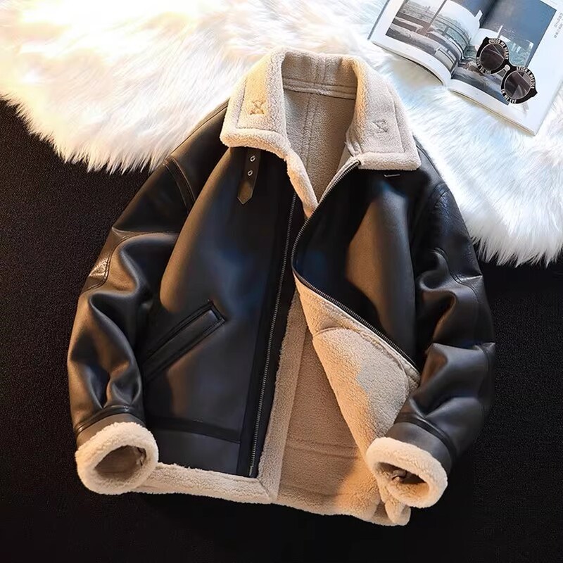 Men's Winter Shearling Jacket with Fleece Lining, Thickened Motorcycle Jacket, Trendy Brand Lamb Wool Jacket, Cotton-Padded Lamb Wool Leather Jacket