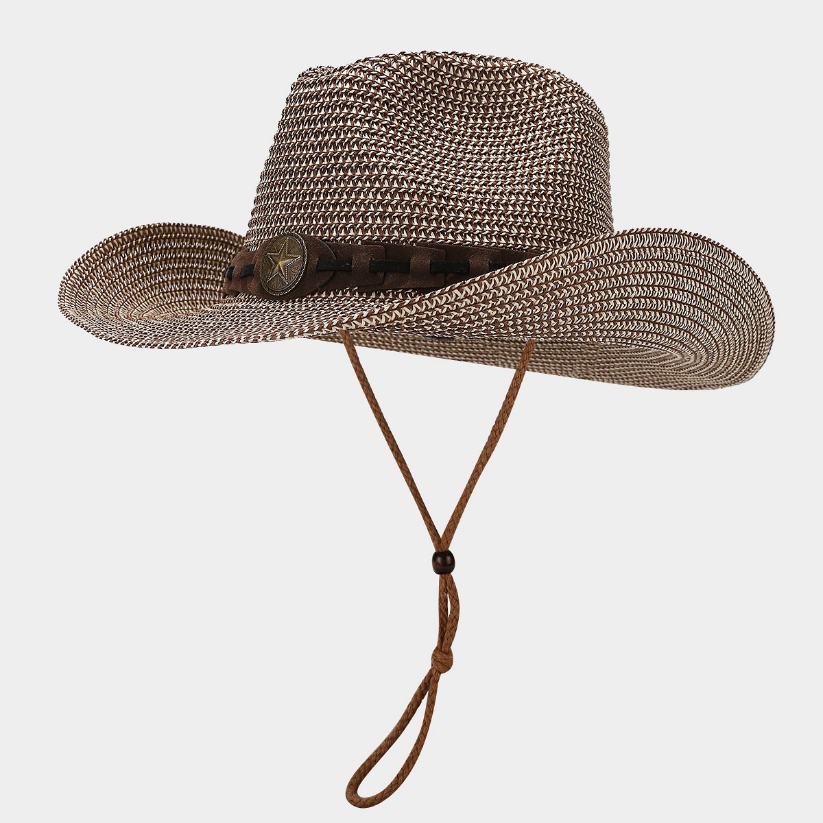 El viento del oeste decoración de sombrero de paja de vaquero para hombres y mujeres de verano retro al aire libre con cuerda a prueba de viento sombrero de sombrero solar transpirable