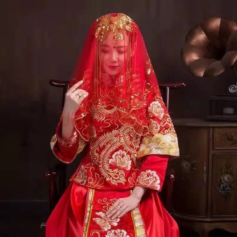 中式婚礼盖头秀禾服红盖头头新娘头纱红色秀禾红盖头|undefined