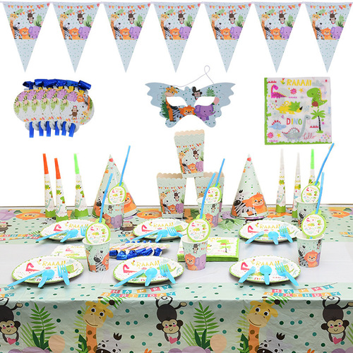 Hot Sale Forest Jungle Zoo Birthday Party Set Tablecloth Paper Cup Paper Plate Banner Tissue Paper Party Set