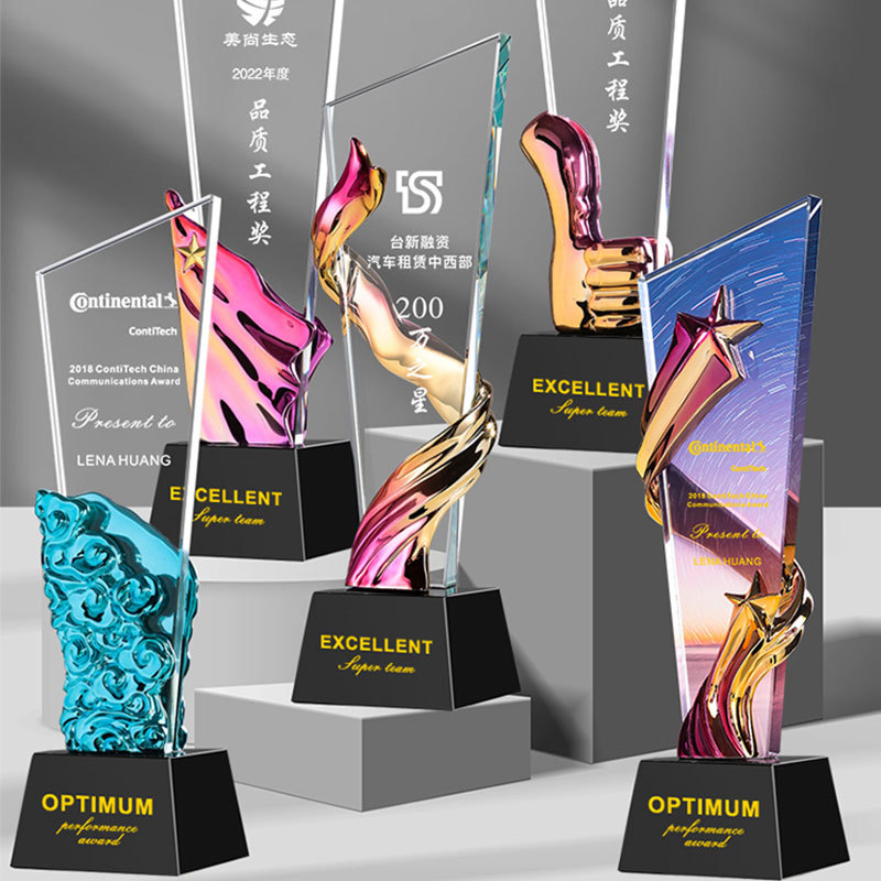 Trofeos de cristal medalla de grabación vidrio excelente reunión anual de premios de personal creativo recuerdos de cristal de estrella de cinco puntas