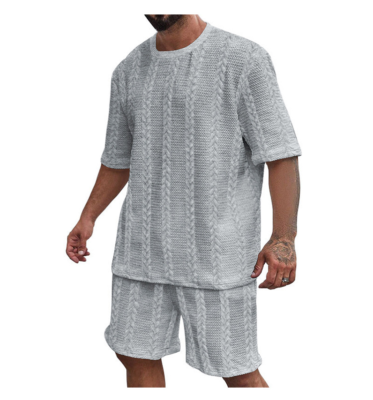 Men's Jacquard Knit Short Sleeve Tee And Shorts Set Solid Color Casual Summer Sport Outfit_viptrois.com