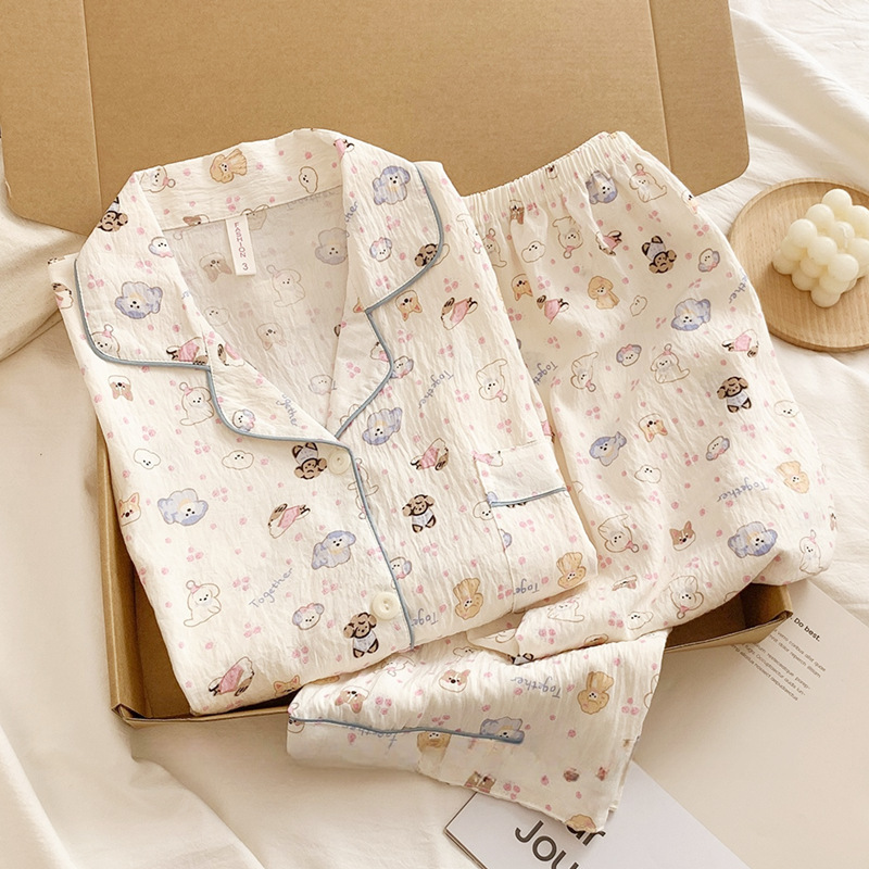 日系格子helloKitty睡衣女款春秋夏季纯棉长袖可爱开衫棉纱家居服|undefined