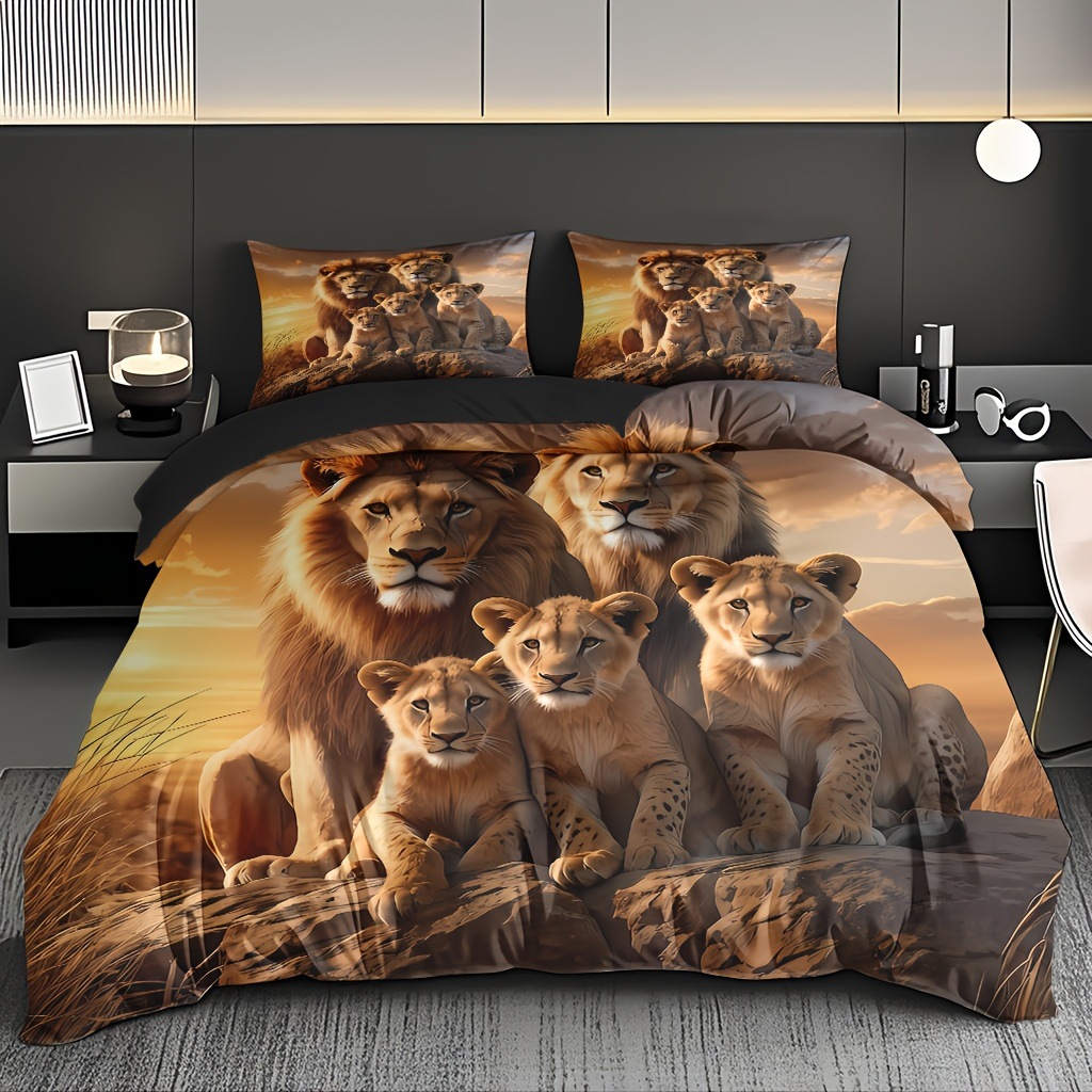 TEMU / JIT abrasión digital impresión cama colcha de cama pro-piel kit textil casero frío negro patrón de león fábrica fuente