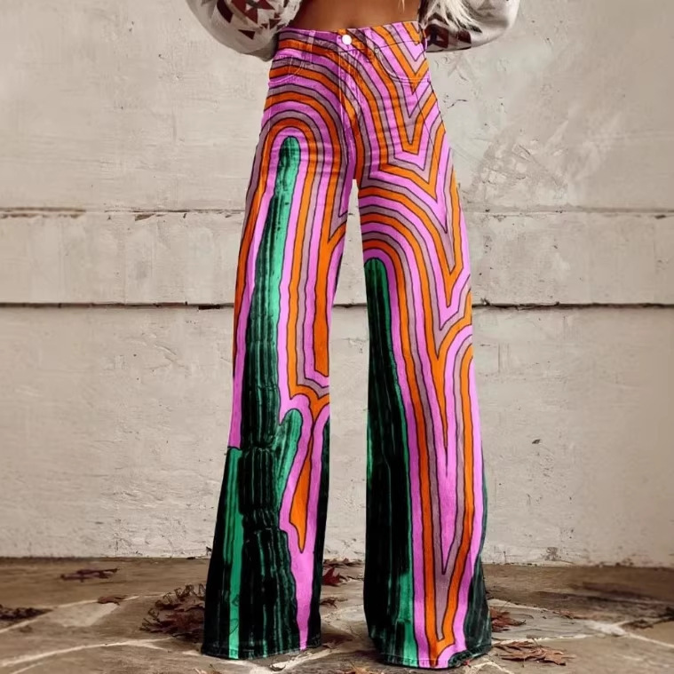 Cross-Border New Digital Print Women's Spring and Summer Faux Denim Casual Pants Ethnic Style Floral Striped Straight-Leg Pants Cross-Border New Digital Print Women's Spring and Summer Faux Denim Casual Pants Ethnic Style Floral Striped Straight-Leg Pants