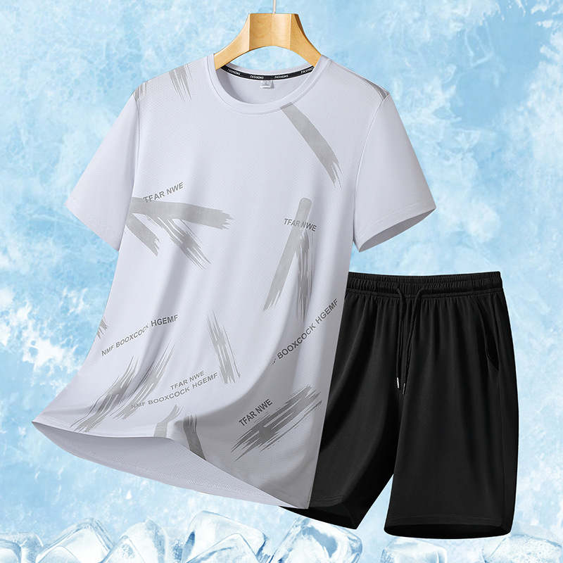 2025 nuevo traje de manga corta de seda de hielo real para hombre de verano, pantalones de dos piezas para hombre, traje de ocio deportivo, pareja al aire libre