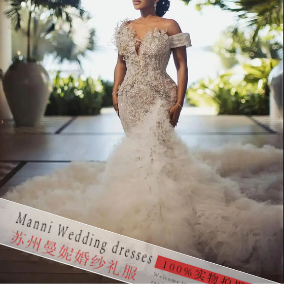 Amazon New Foreign Trade Wedding Dress Cross-border African Wedding Deep V off-shoulder Mermaid Lace Wedding Dress